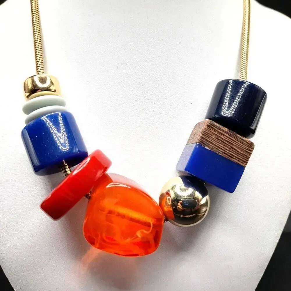 Chico's Chunky Acrylic Bead Necklace, Gold Tone Snake Chain, 22 Inches